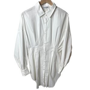 Madison Riley Cinched Pleated Button Down Shirt Dress Curved Hem White One Size